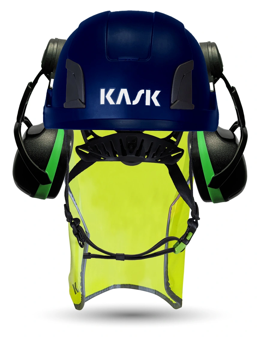 Blue Kask Zenith X2 ANSI Class E Safety Helmet w/ Green Ear Muffs (Low To Medium Noise Reduction - 23-25 Db) \u0026 10\" Neck Protector (Yellow Fluorescent)
