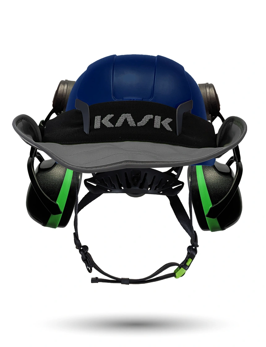 Blue Kask Zenith X2 ANSI Safety Helmet with Green Ear Muffs (Low to Medium Noise Reduction - 23-25 dB) \u0026 360-degree Sun Shield (Anthracite Gray)