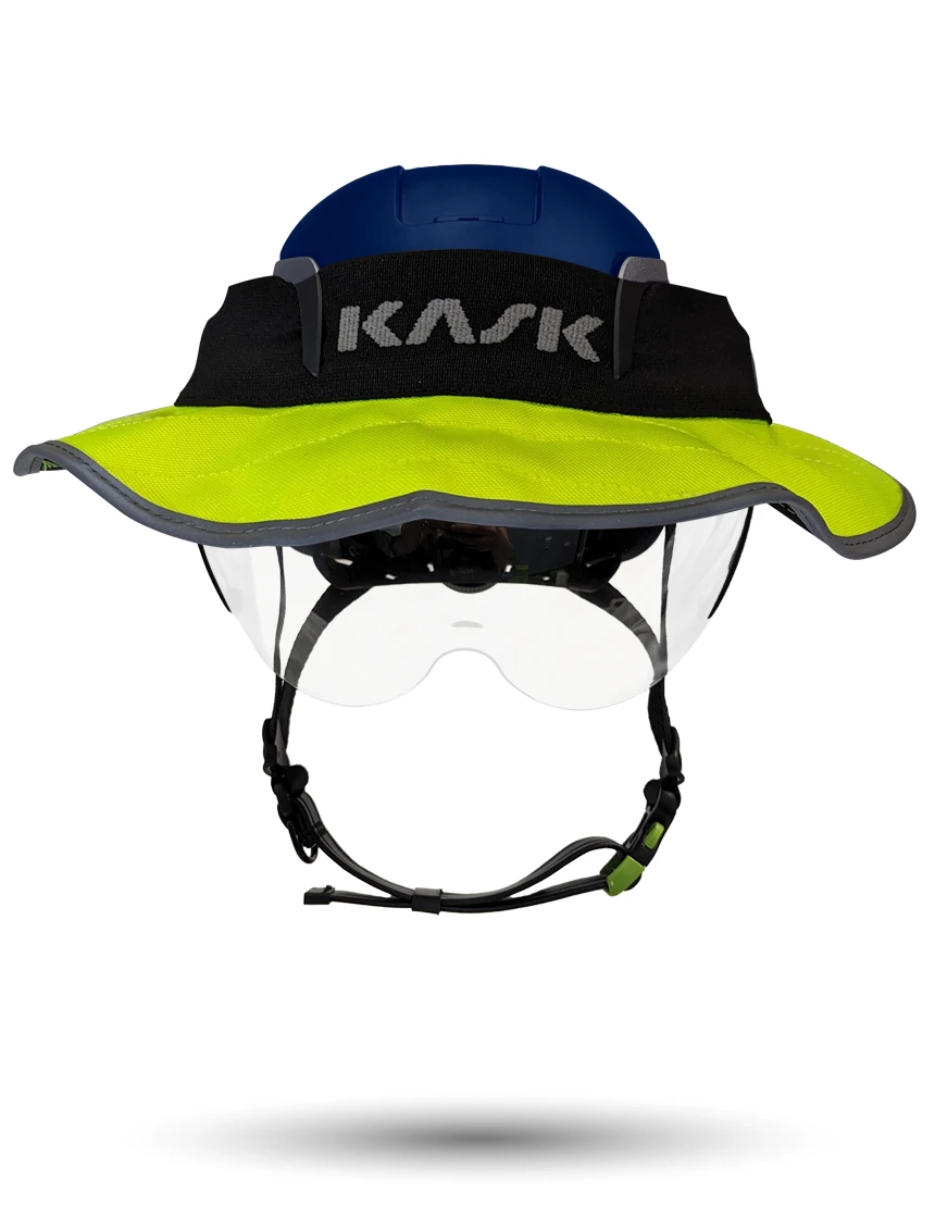 Blue Kask Zenith X2 ANSI Safety Helmet with Half-Face Visor Kit (Clear) \u0026 360-degree Sun Shield (Yellow Fluorescent)