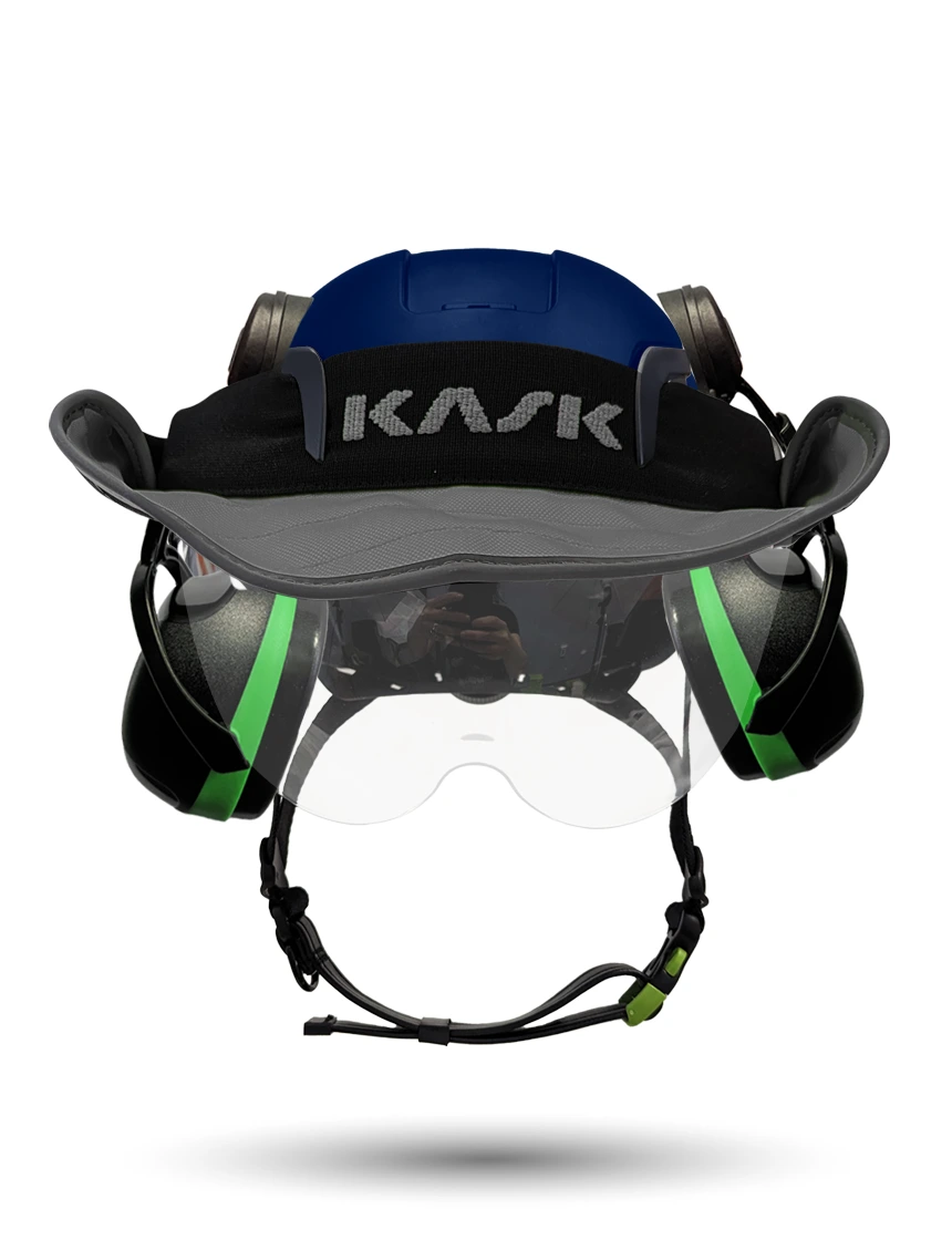 Blue Kask Zenith X2 ANSI Safety Helmet with Half-Face Visor Kit (Clear) \u0026 Orange Ear Muffs (High Noise Reduction - 29-31 dB) \u0026 360-degree Sun Shield (Anthracite Gray)