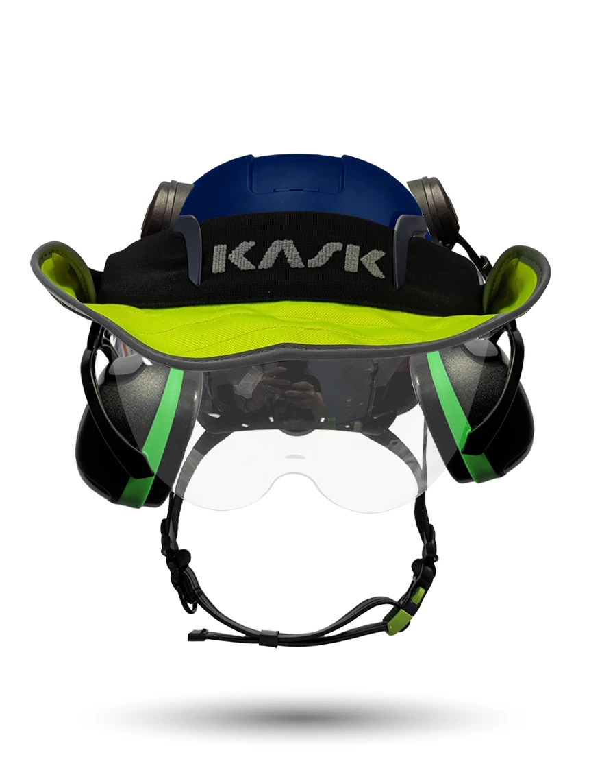 Blue Kask Zenith X2 ANSI Safety Helmet with Half-Face Visor Kit (Clear) \u0026 Orange Ear Muffs (High Noise Reduction - 29-31 dB) \u0026 360-degree Sun Shield (Yellow Fluorescent)