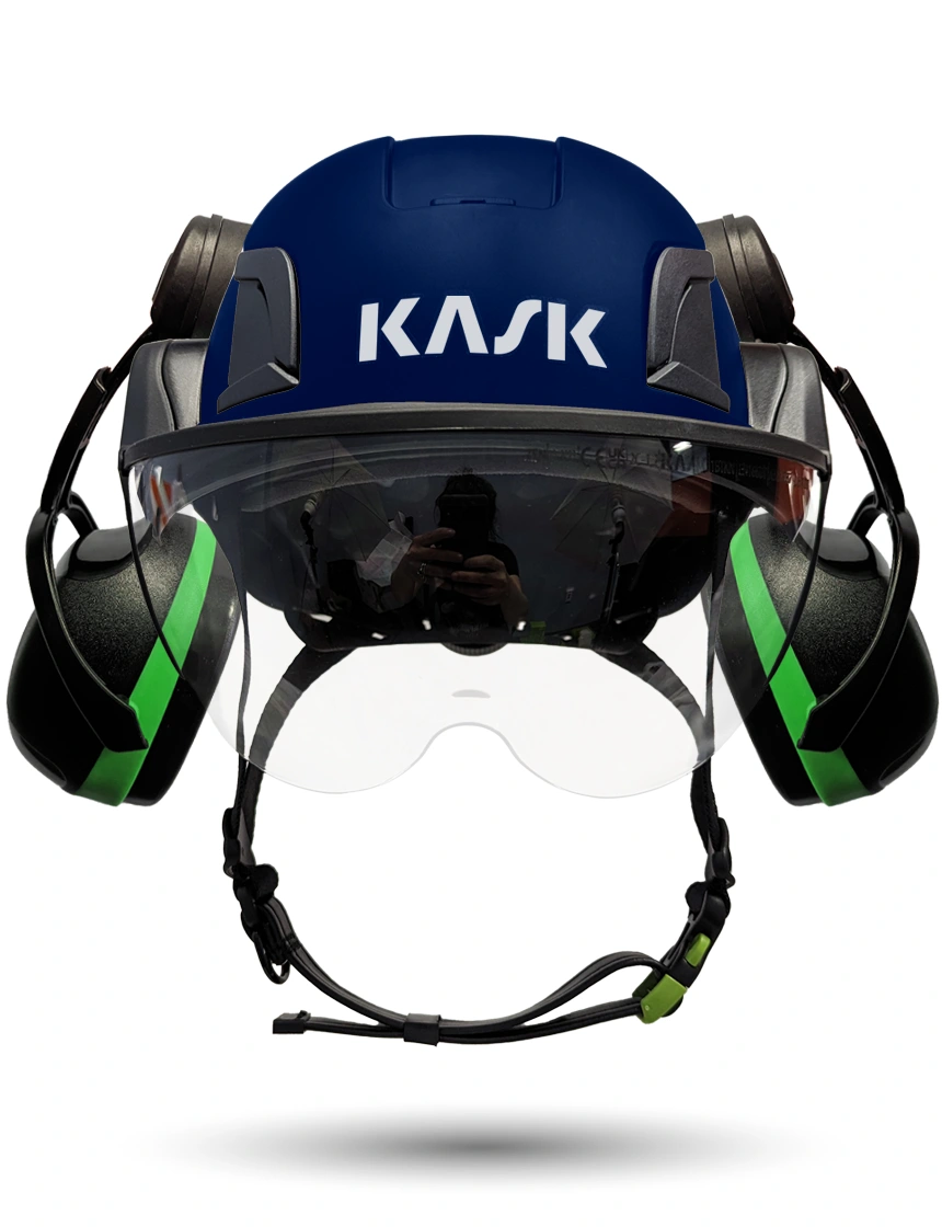 Blue Kask Zenith X2 ANSI Class E Safety Helmet w/ Half-Face Visor Kit (Clear) \u0026 Green Ear Muffs (Low To Medium Noise Reduction - 23-25 Db)