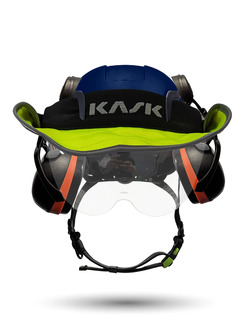 Blue Kask Zenith X2 ANSI Safety Helmet with Half-Face Visor Kit (Clear) \u0026 Orange Ear Muffs (High Noise Reduction - 29-31 dB) \u0026 360-degree Sun Shield (Yellow Fluorescent)
