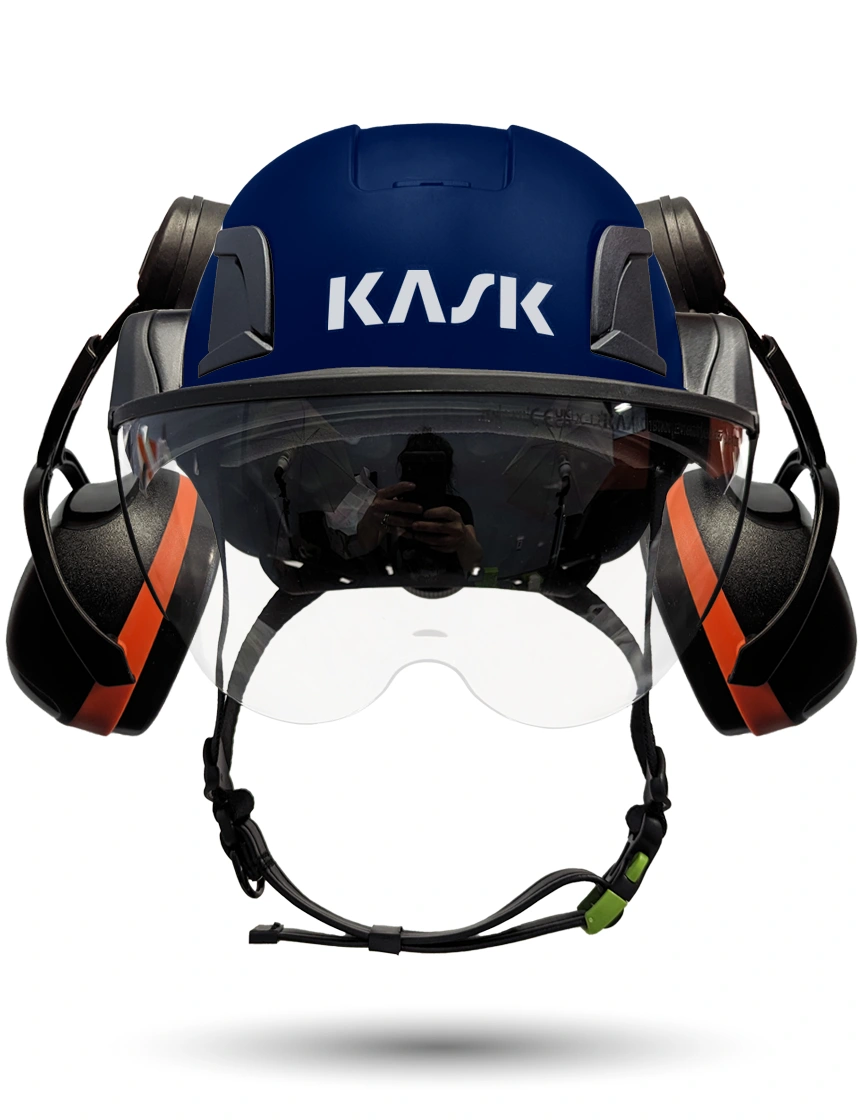 Blue Kask Zenith X2 ANSI Class E Safety Helmet w/ Half-Face Visor Kit (Clear) \u0026 Orange Ear Muffs (High Noise Reduction - 29-31 Db)