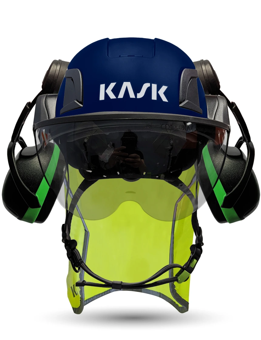 Blue Kask Zenith X2 ANSI Safety Helmet with Half-Face Visor Kit (Silver Mirror) \u0026 Green Ear Muffs (Low to Medium Noise Reduction - 23-25 dB) \u0026 10\" Neck Protector (Yellow Fluorescent)