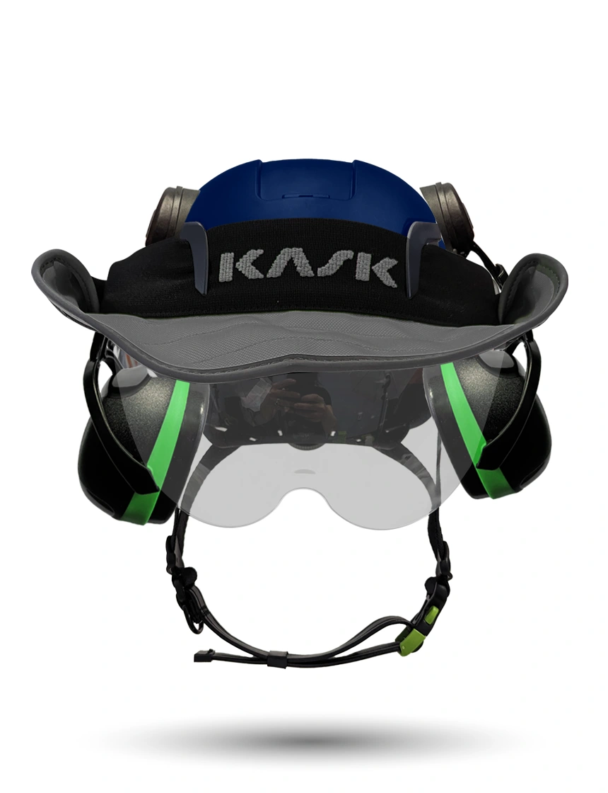 Blue Kask Zenith X2 ANSI Safety Helmet with Half-Face Visor Kit (Silver Mirror) \u0026 Orange Ear Muffs (High Noise Reduction - 29-31 dB) \u0026 360-degree Sun Shield (Anthracite Gray)