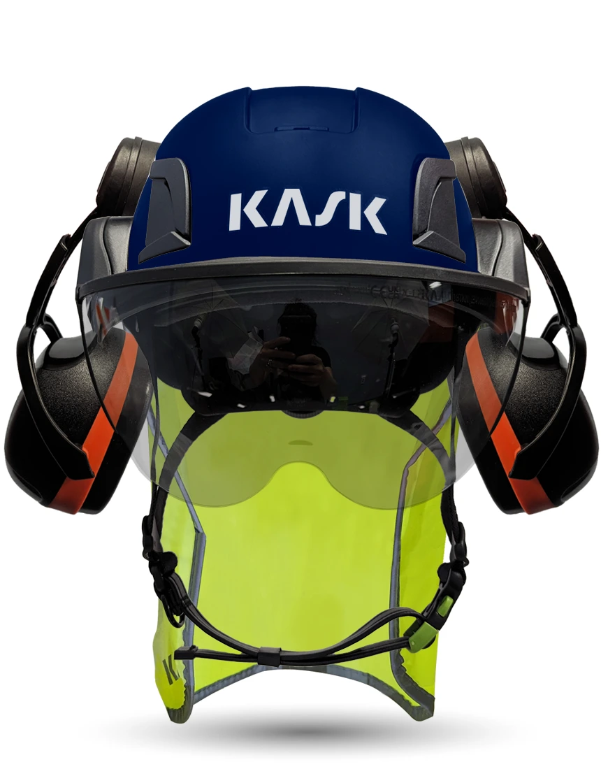 Blue Kask Zenith X2 ANSI Safety Helmet with Half-Face Visor Kit (Silver Mirror) \u0026 Orange Ear Muffs (High Noise Reduction - 29-31 dB) \u0026 10\" Neck Protector (Yellow Fluorescent)