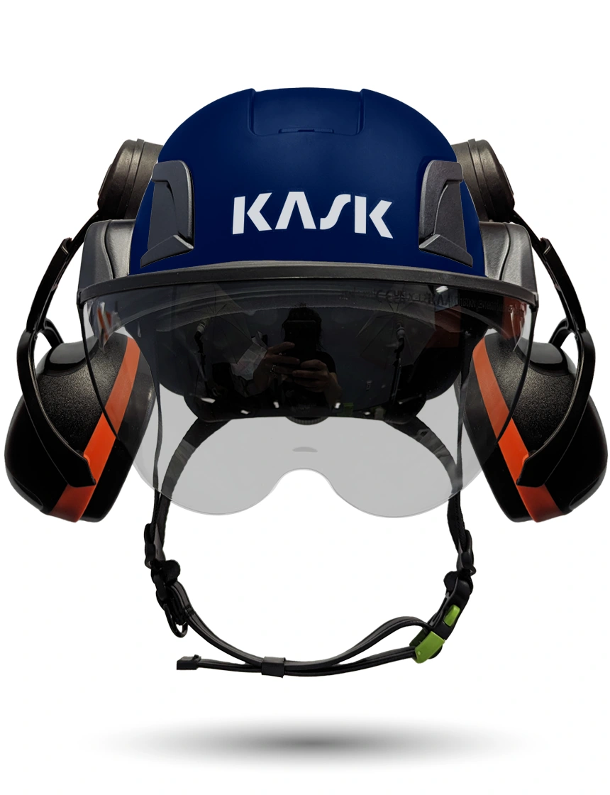 Blue Kask Zenith X2 ANSI Safety Helmet with Half-Face Visor Kit (Silver Mirror) \u0026 Orange Ear Muffs (High Noise Reduction - 29-31 dB)