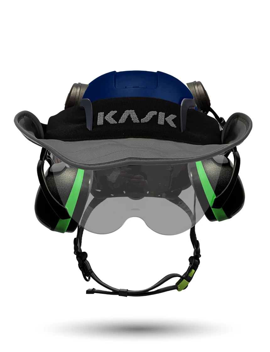 Blue Kask Zenith X2 ANSI Safety Helmet with Half-Face Visor Kit (Smoke) \u0026 Orange Ear Muffs (High Noise Reduction - 29-31 dB) \u0026 360-degree Sun Shield (Anthracite Gray)