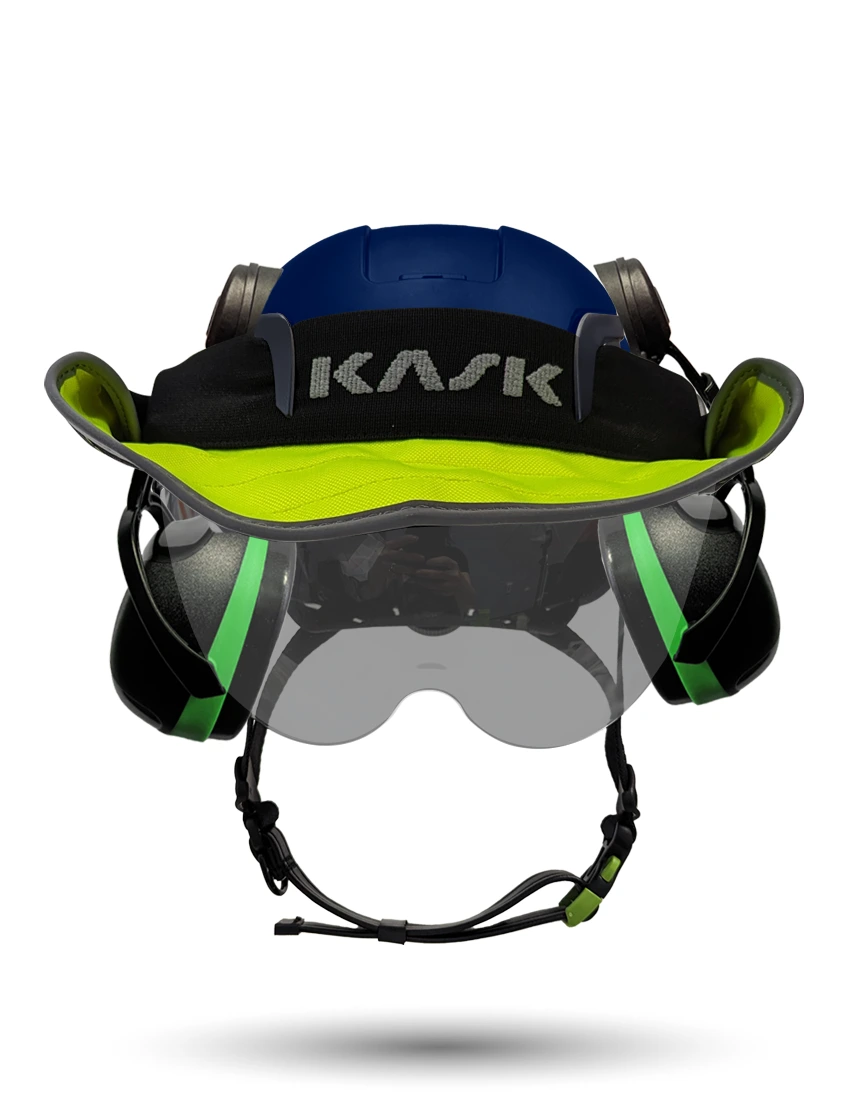 Blue Kask Zenith X2 ANSI Safety Helmet with Half-Face Visor Kit (Smoke) \u0026 Orange Ear Muffs (High Noise Reduction - 29-31 dB) \u0026 360-degree Sun Shield (Yellow Fluorescent)