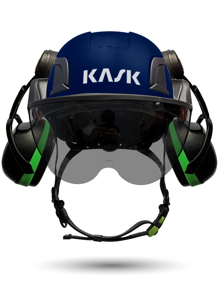 Blue Kask Zenith X2 ANSI Safety Helmet with Half-Face Visor Kit (Smoke) \u0026 Green Ear Muffs (Low to Medium Noise Reduction - 23-25 dB)