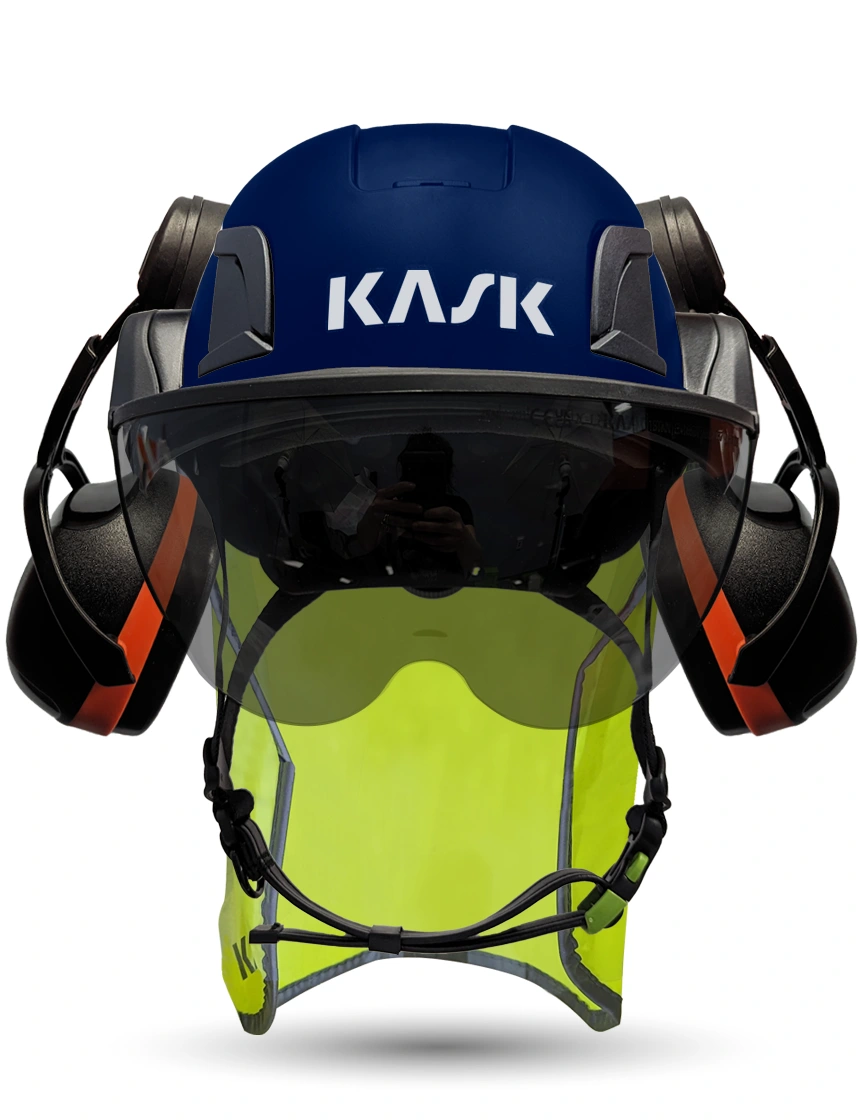 Blue Kask Zenith X2 ANSI Safety Helmet with Half-Face Visor Kit (Smoke) \u0026 Orange Ear Muffs (High Noise Reduction - 29-31 dB) \u0026 10\" Neck Protector (Yellow Fluorescent)