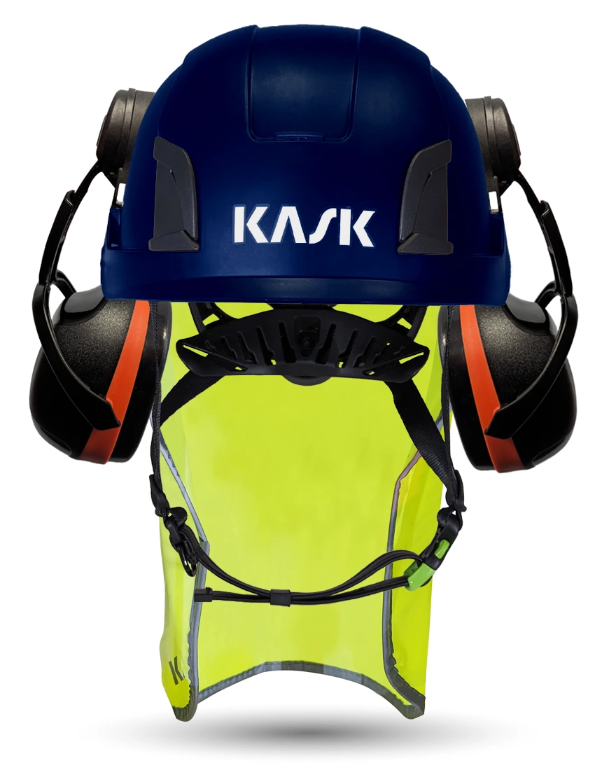 Blue Kask Zenith X2 ANSI Safety Helmet with Orange Ear Muffs (High Noise Reduction - 29-31 dB) \u0026 10\" Neck Protector (Yellow Fluorescent)