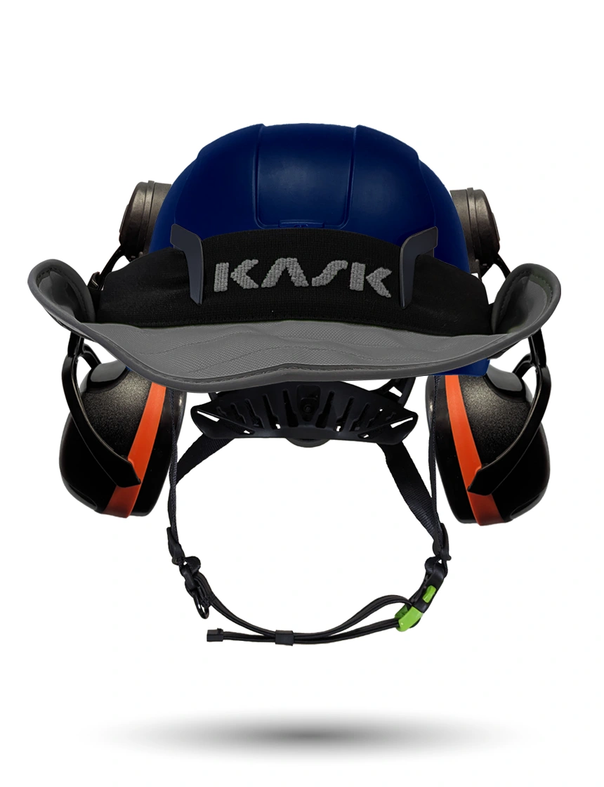 Blue Kask Zenith X2 ANSI Safety Helmet with Orange Ear Muffs (High Noise Reduction - 29-31 dB) \u0026 360-degree Sun Shield (Anthracite Gray)