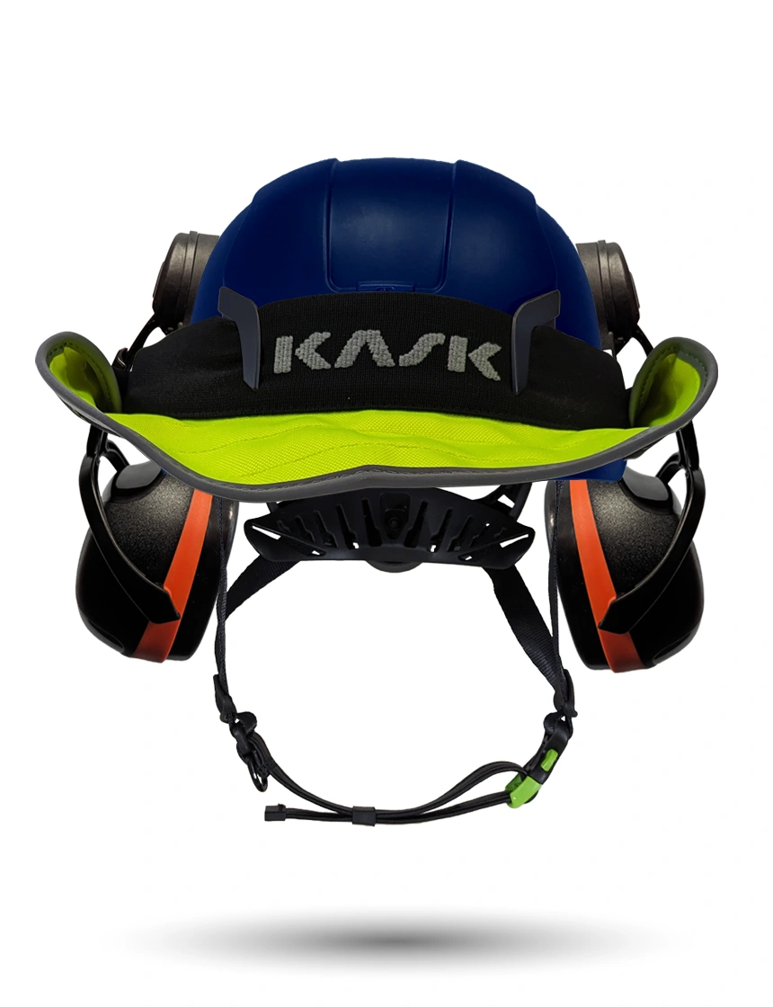 Blue Kask Zenith X2 ANSI Safety Helmet with Orange Ear Muffs (High Noise Reduction - 29-31 dB) \u0026 360-degree Sun Shield (Yellow Fluorescent)