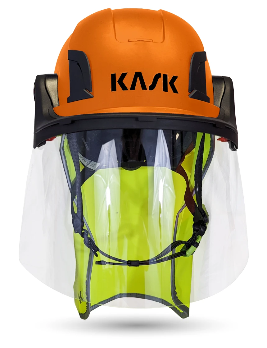 Orange KASK Zenith X2 ANSI Safety Helmet with Full-Face Shield \u0026 Brim Kit (Clear) \u0026 10\" Neck Protector (Yellow Fluorescent)
