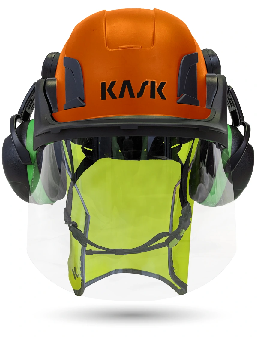 Orange KASK Zenith X2 ANSI Safety Helmet with Full-Face Shield \u0026 Brim Kit (Clear) \u0026 Green Ear Muffs (Low to Medium Noise Reduction - 23-25 dB) \u0026 10\" Neck Protector (Yellow Fluorescent)