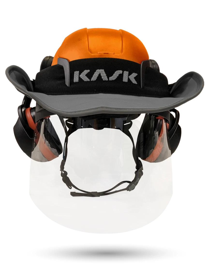 Orange KASK Zenith X2 ANSI Safety Helmet with Full-Face Shield \u0026 Brim Kit (Clear) \u0026 Orange Ear Muffs (High Noise Reduction - 29-31 dB) \u0026 360-degree Sun Shield (Anthracite Gray)