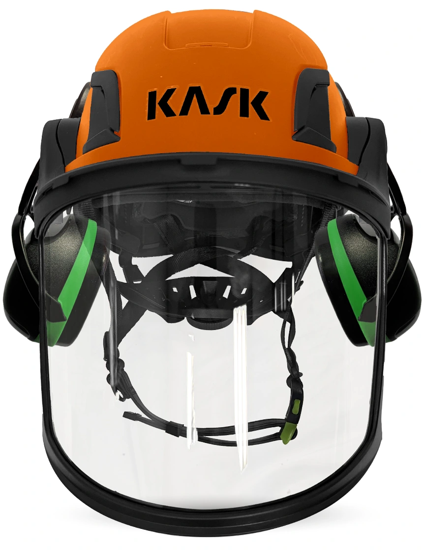 Orange KASK Zenith X2 ANSI Safety Helmet with Full-Face Visor Kit (Clear) \u0026 Green Ear Muffs (Low to Medium Noise Reduction - 23-25 dB)