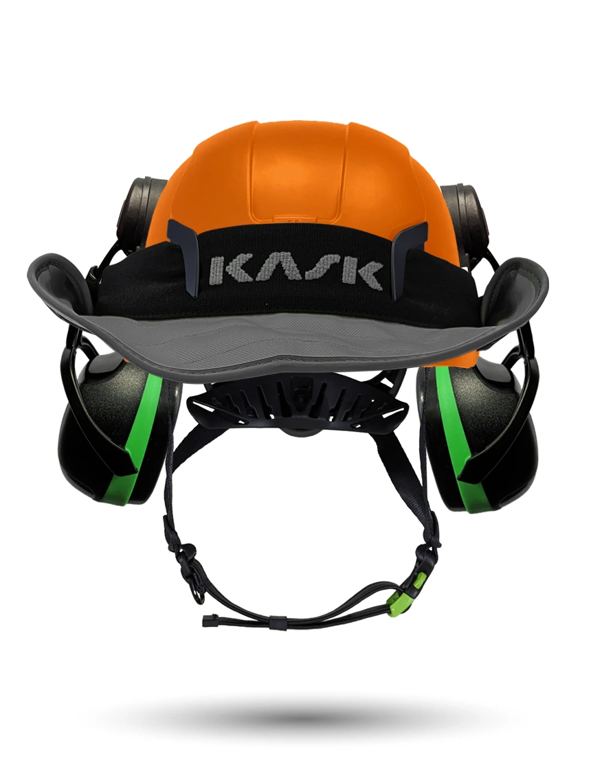Orange KASK Zenith X2 ANSI Safety Helmet with Green Ear Muffs (Low to Medium Noise Reduction - 23-25 dB) \u0026 360-degree Sun Shield (Anthracite Gray)