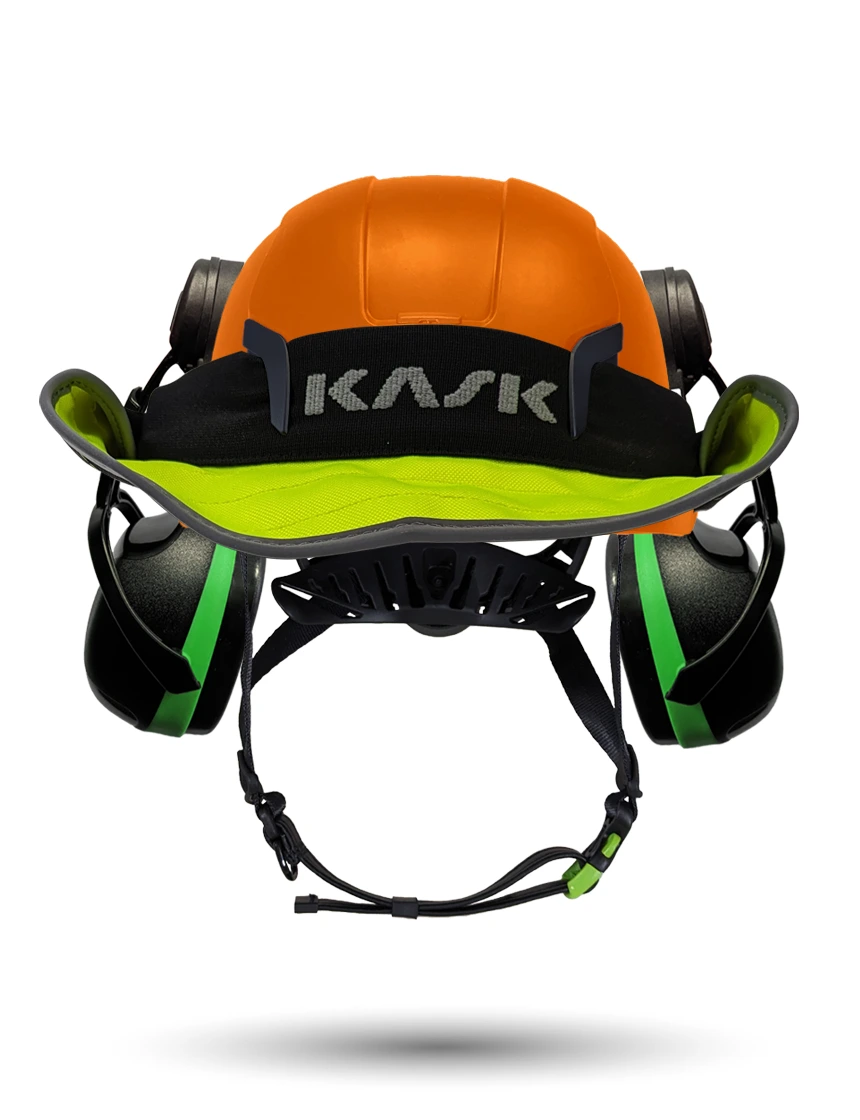 Orange KASK Zenith X2 ANSI Safety Helmet with Green Ear Muffs (Low to Medium Noise Reduction - 23-25 dB) \u0026 360-degree Sun Shield (Yellow Fluorescent)