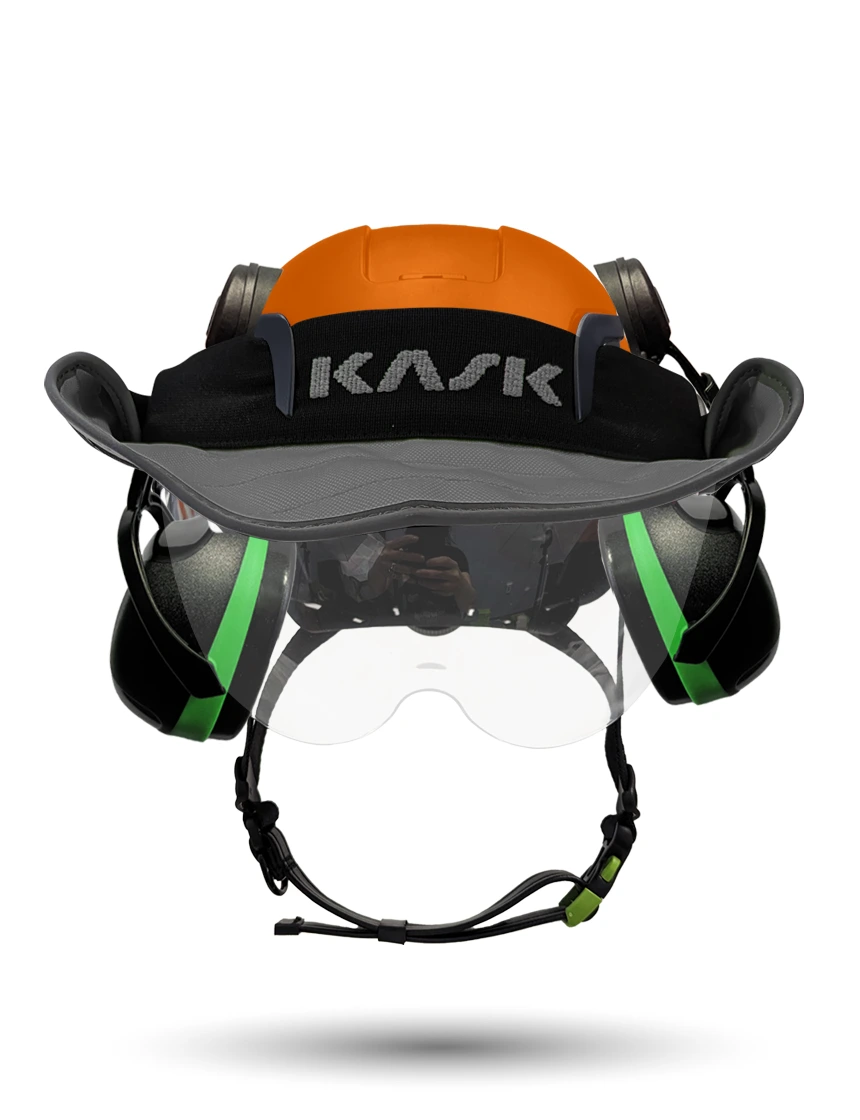 Orange KASK Zenith X2 ANSI Safety Helmet with Half-Face Visor Kit (Clear) \u0026 Green Ear Muffs (Low Noise Reduction - 23-25 dB) \u0026 360-degree Sun Shield (Anthracite Gray)