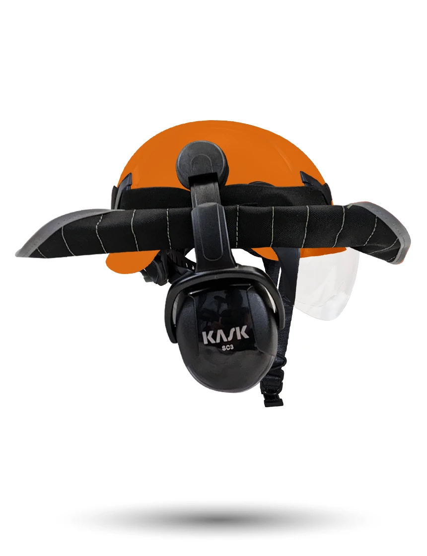 Orange KASK Zenith X2 ANSI Safety Helmet with Half-Face Visor Kit (Clear) \u0026 Orange Ear Muffs (High Noise Reduction - 29-31 dB) \u0026 360-degree Sun Shield (Anthracite Gray)