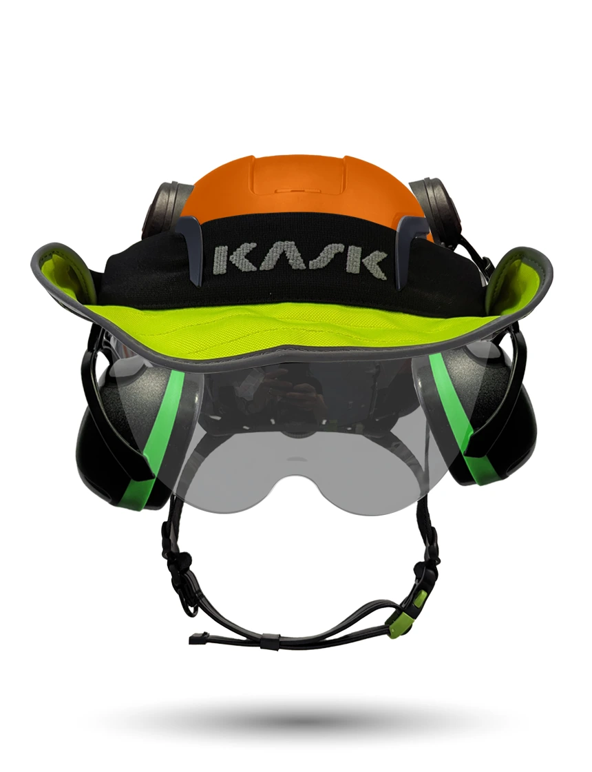 Orange KASK Zenith X2 ANSI Safety Helmet with Half-Face Visor Kit (Smoke) \u0026 Green Ear Muffs (Low to Medium Noise Reduction - 23-25 dB) \u0026 360-degree Sun Shield (Yellow Fluorescent)