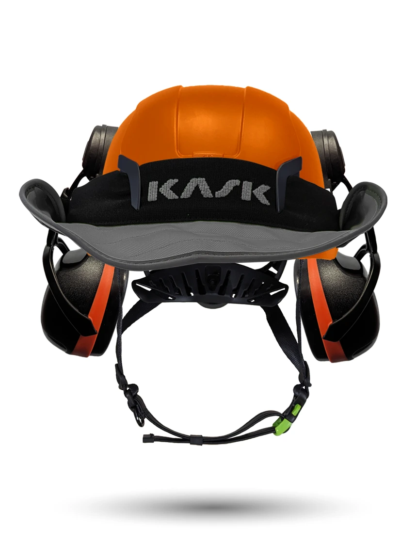Orange KASK Zenith X2 ANSI Safety Helmet with Orange Ear Muffs (High Noise Reduction - 29-31 dB) \u0026 360-degree Sun Shield (Anthracite Gray)