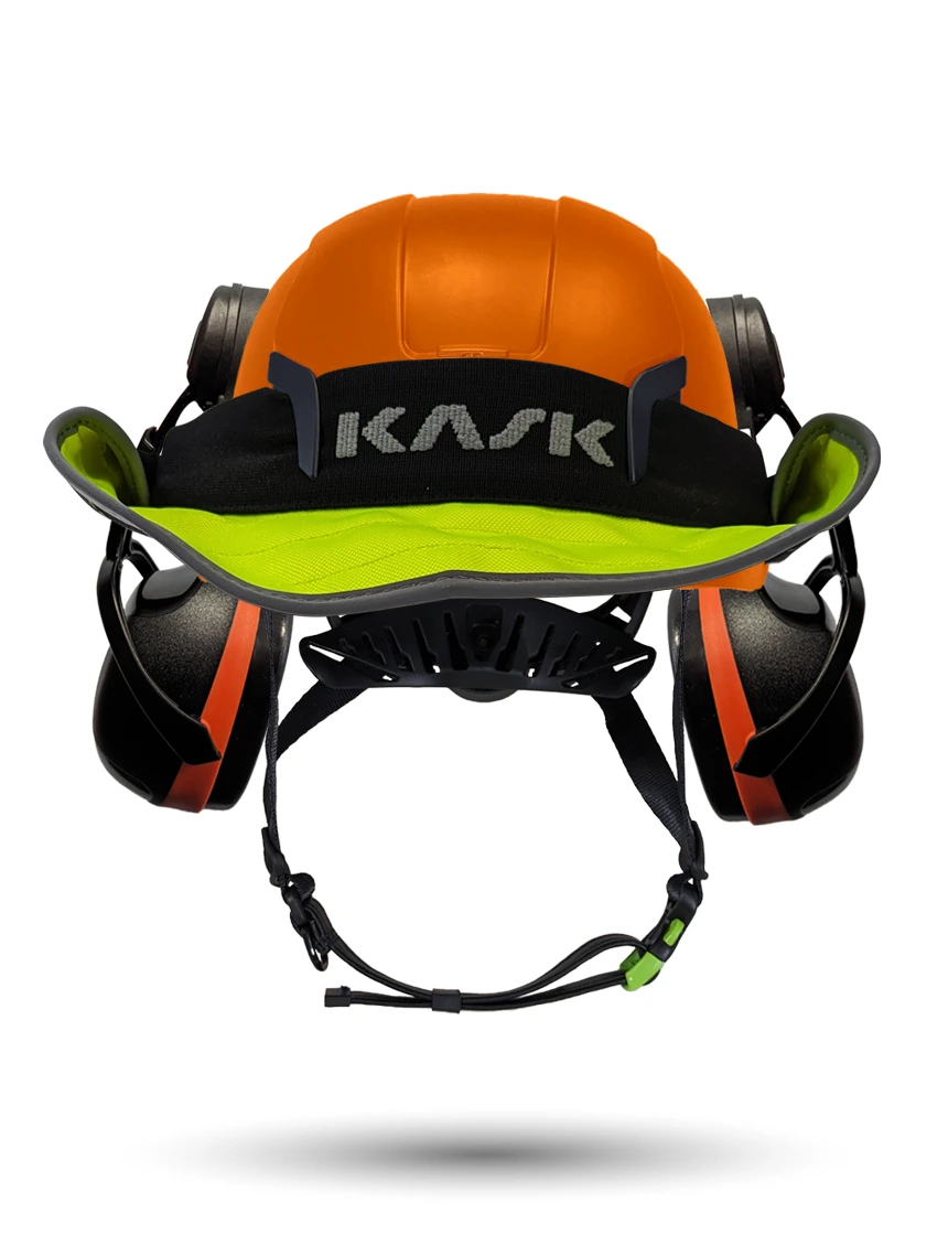 Orange KASK Zenith X2 ANSI Safety Helmet with Orange Ear Muffs (High Noise Reduction - 29-31 dB) \u0026 360-degree Sun Shield (Yellow Fluorescent)