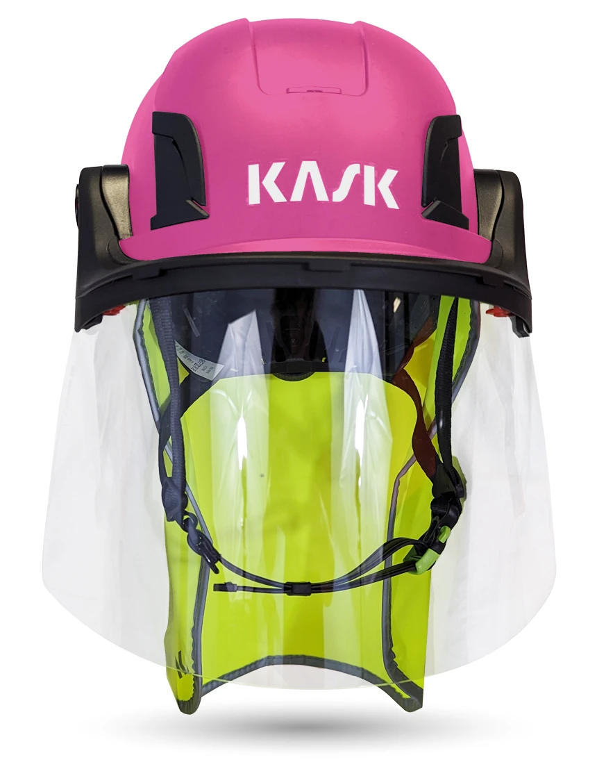Pink Kask Zenith X2 ANSI Class E Safety Helmet w/ Full-Face Shield \u0026 Brim Kit (Clear) \u0026 10\" Neck Protector (Yellow Fluorescent)