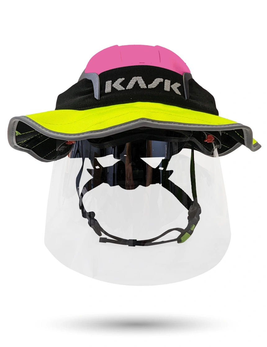 Pink KASK Zenith X2 ANSI Safety Helmet with Full-Face Shield \u0026 Brim Kit (Clear) \u0026 360-degree Sun Shield (Yellow Fluorescent)