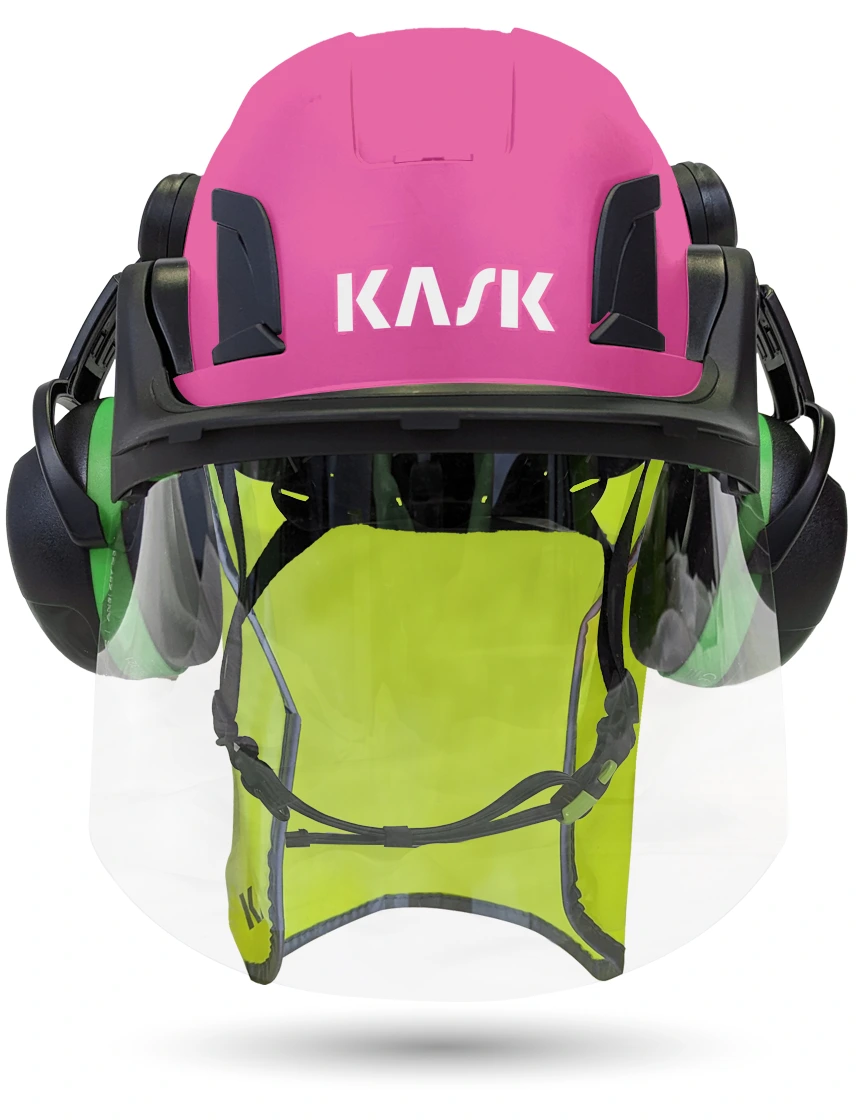 Pink KASK Zenith X2 ANSI Safety Helmet with Full-Face Shield \u0026 Brim Kit (Clear) \u0026 Green Ear Muffs (Low to Medium Noise Reduction - 23-25 dB) \u0026 10\" Neck Protector (Yellow Fluorescent)