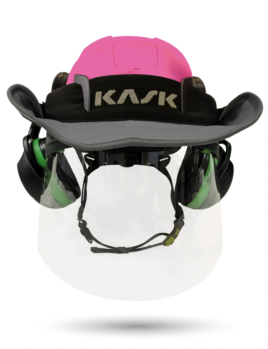 Pink KASK Zenith X2 ANSI Safety Helmet with Full-Face Shield \u0026 Brim Kit (Clear) \u0026 Orange Ear Muffs (High Noise Reduction - 29-31 dB) \u0026 360-degree Sun Shield (Anthracite Gray)
