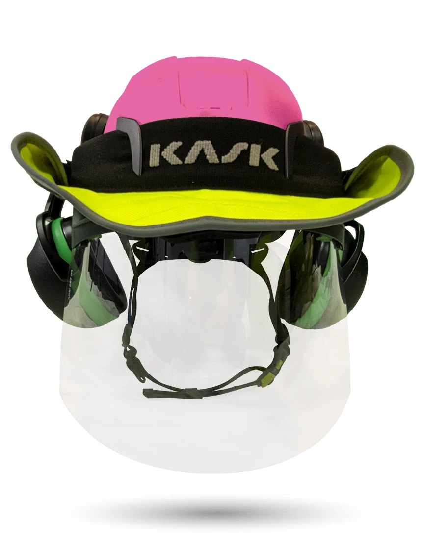 Pink KASK Zenith X2 ANSI Safety Helmet with Full-Face Shield \u0026 Brim Kit (Clear) \u0026 Orange Ear Muffs (High Noise Reduction - 29-31 dB) \u0026 360-degree Sun Shield (Yellow Fluorescent)