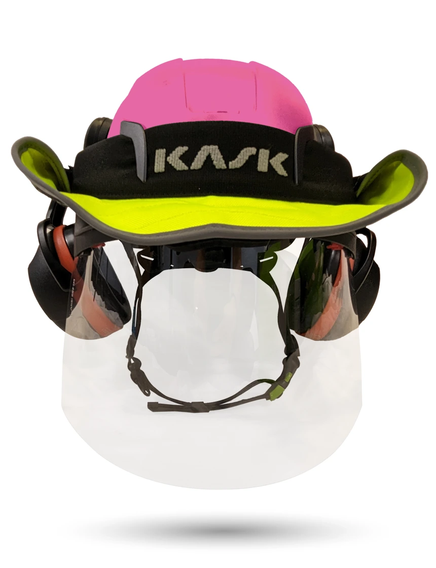 Pink KASK Zenith X2 ANSI Safety Helmet with Full-Face Shield \u0026 Brim Kit (Clear) \u0026 Orange Ear Muffs (High Noise Reduction - 29-31 dB) \u0026 360-degree Sun Shield (Yellow Fluorescent)