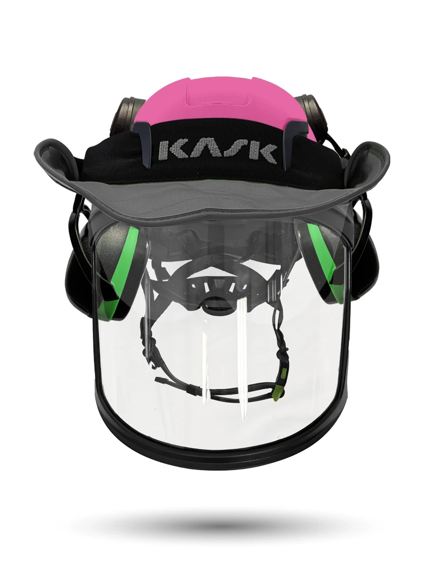 Pink KASK Zenith X2 ANSI Safety Helmet with Full-Face Visor Kit (Clear) \u0026 Orange Ear Muffs (High Noise Reduction - 29-31 dB) \u0026 360-degree Sun Shield (Anthracite Gray)