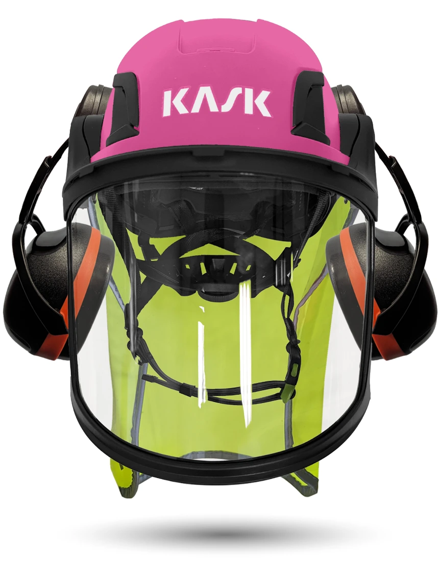 Pink KASK Zenith X2 ANSI Safety Helmet with Full-Face Visor Kit (Clear) \u0026 Orange Ear Muffs (High Noise Reduction - 29-31 dB) \u0026 10\" Neck Protector (Yellow Fluorescent)