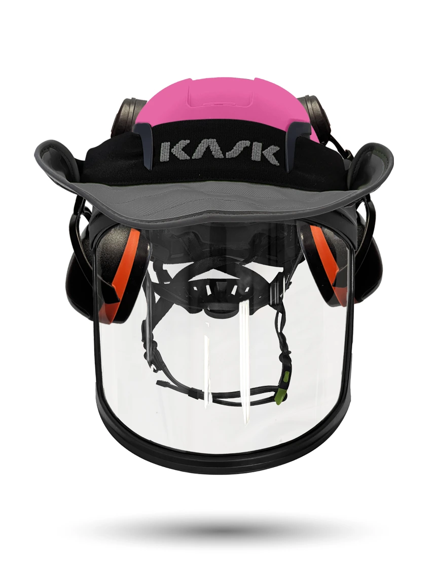Pink KASK Zenith X2 ANSI Safety Helmet with Full-Face Visor Kit (Clear) \u0026 Orange Ear Muffs (High Noise Reduction - 29-31 dB) \u0026 360-degree Sun Shield (Anthracite Gray)