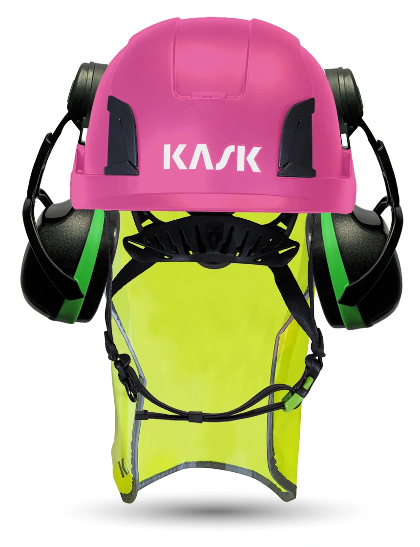 Pink KASK Zenith X2 ANSI Safety Helmet with Green Ear Muffs (Low to Medium Noise Reduction - 23-25 dB) \u0026 10\" Neck Protector (Yellow Fluorescent)