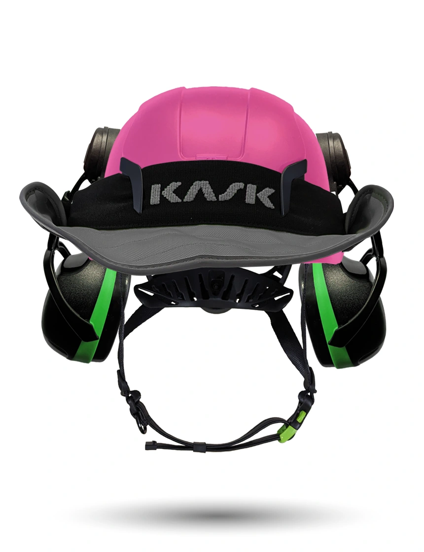 Pink KASK Zenith X2 ANSI Safety Helmet with Green Ear Muffs (Low to Medium Noise Reduction - 23-25 dB) \u0026 360-degree Sun Shield (Anthracite Gray)