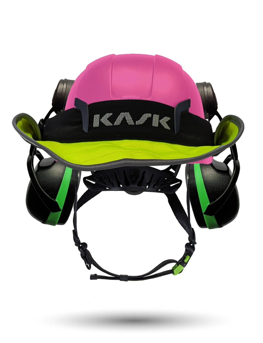 Pink KASK Zenith X2 ANSI Safety Helmet with Green Ear Muffs (Low to Medium Noise Reduction - 23-25 dB) \u0026 360-degree Sun Shield (Yellow Fluorescent)