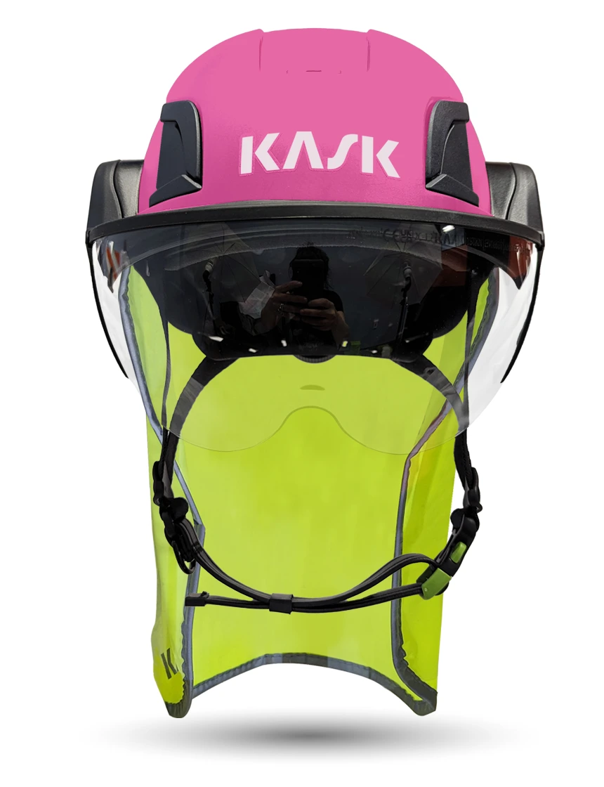 Pink KASK Zenith X2 ANSI Safety Helmet with Half-Face Visor Kit (Clear) \u0026 10\" Neck Protector (Yellow Fluorescent)