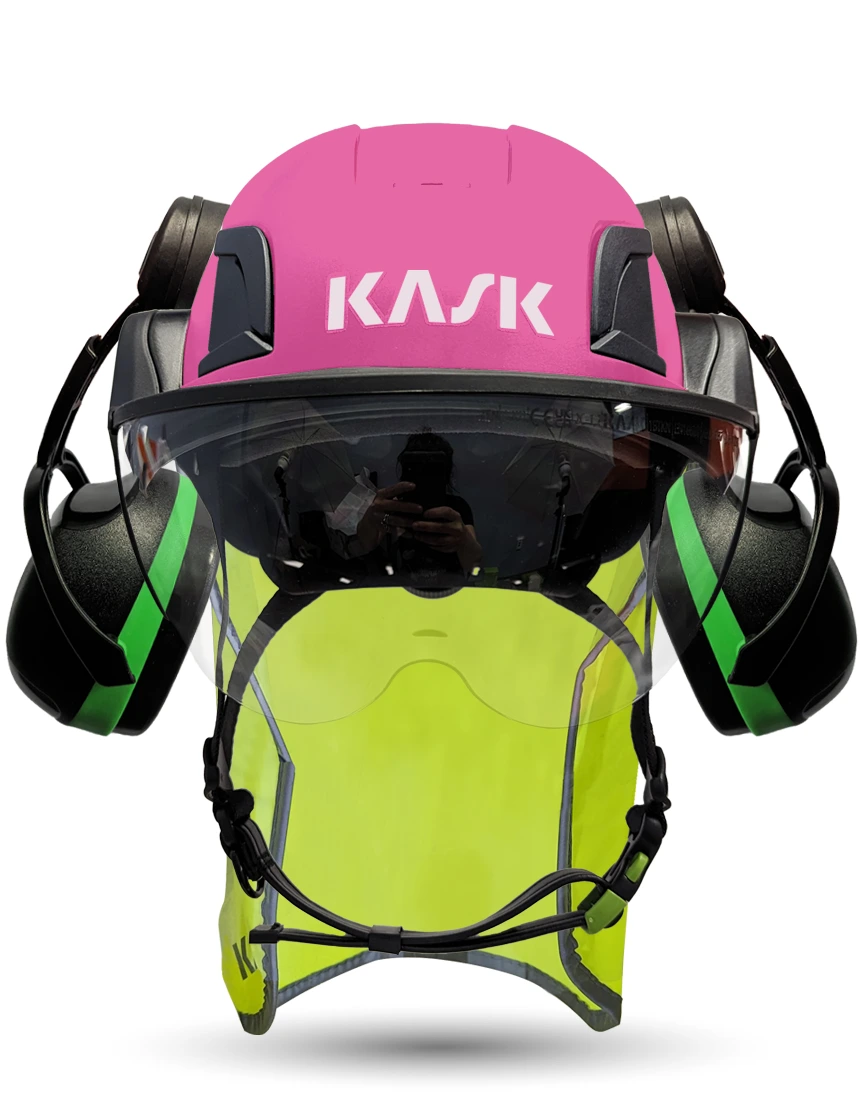 Pink Kask Zenith X2 ANSI Class E Safety Helmet w/ Half-Face Visor Kit (Clear) \u0026 Green Ear Muffs (Low To Medium Noise Reduction - 23-25 Db) \u0026 10\" Neck Protector (Yellow Fluorescent)