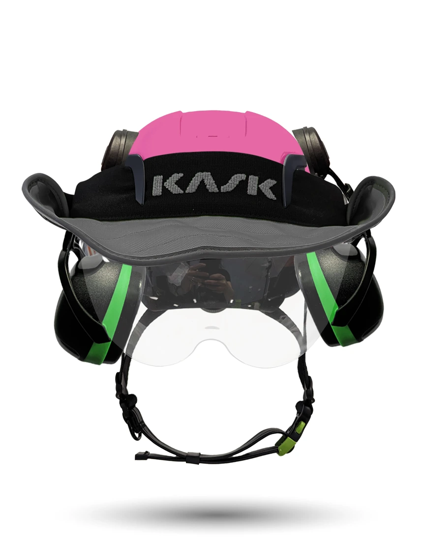 Pink KASK Zenith X2 ANSI Safety Helmet with Half-Face Visor Kit (Clear) \u0026 Orange Ear Muffs (High Noise Reduction - 29-31 dB) \u0026 360-degree Sun Shield (Anthracite Gray)
