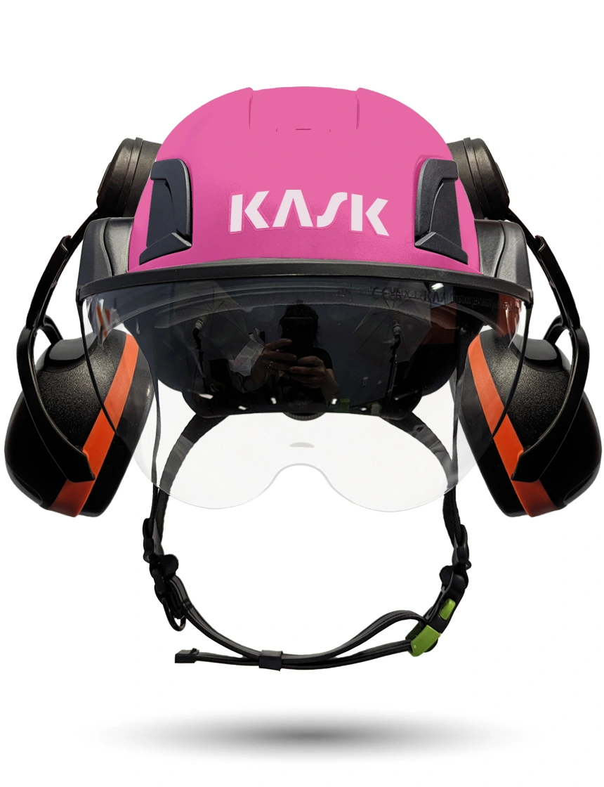 Pink KASK Zenith X2 ANSI Safety Helmet with Half-Face Visor Kit (Clear) \u0026 Orange Ear Muffs (High Noise Reduction - 29-31 dB)