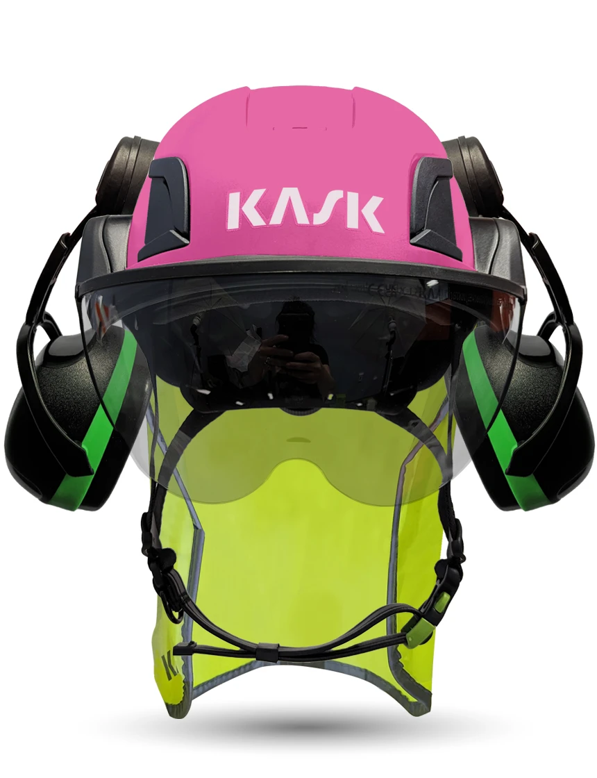 Pink Kask Zenith X2 ANSI Class E Safety Helmet w/ Half-Face Visor Kit (Silver Mirror) \u0026 Green Ear Muffs (Low To Medium Noise Reduction - 23-25 Db) \u0026 10\" Neck Protector (Yellow Fluorescent)