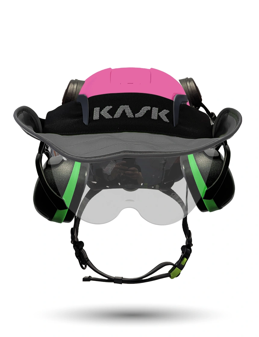 Pink KASK Zenith X2 ANSI Safety Helmet with Half-Face Visor Kit (Silver Mirror) \u0026 Orange Ear Muffs (High Noise Reduction - 29-31 dB) \u0026 360-degree Sun Shield (Anthracite Gray)