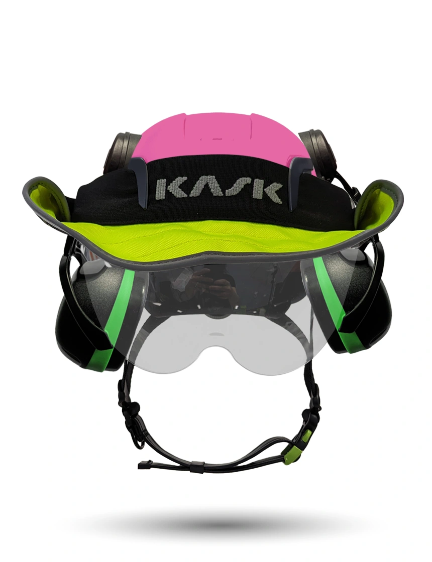 Pink KASK Zenith X2 ANSI Safety Helmet with Half-Face Visor Kit (Silver Mirror) \u0026 Orange Ear Muffs (High Noise Reduction - 29-31 dB) \u0026 360-degree Sun Shield (Yellow Fluorescent)