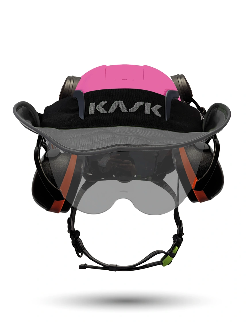 Pink KASK Zenith X2 ANSI Safety Helmet with Half-Face Visor Kit (Smoke) \u0026 Orange Ear Muffs (High Noise Reduction - 29-31 dB) \u0026 360-degree Sun Shield (Anthracite Gray)